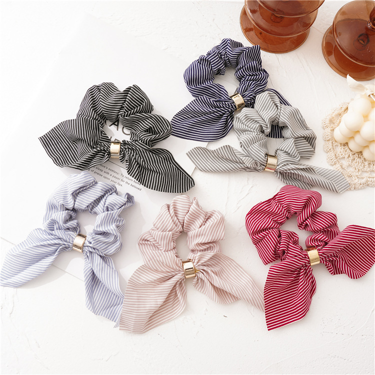 Top Quality Silk Fabric Cute Rabbit Ear Striped Metal Buckle Hair Scrunchies Elastic Hair Bands
