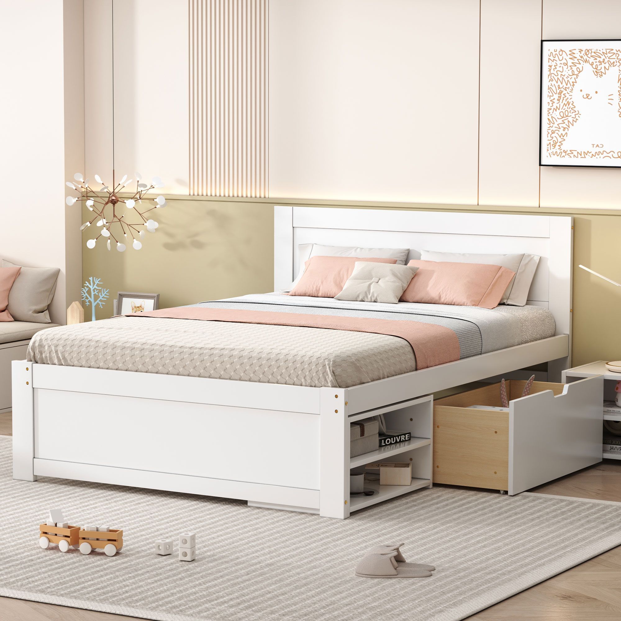 DB White Full-Size Platform Bed with Drawer and Two Shelves