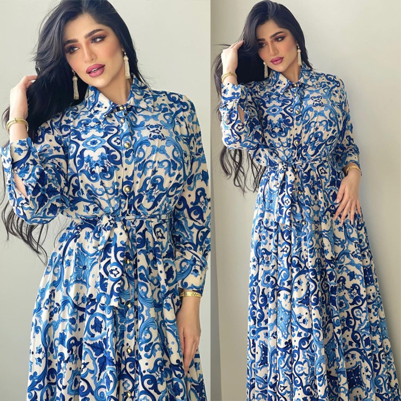 Pakistani women's elegant dresses Arab blue print skirt fashion casual dresses