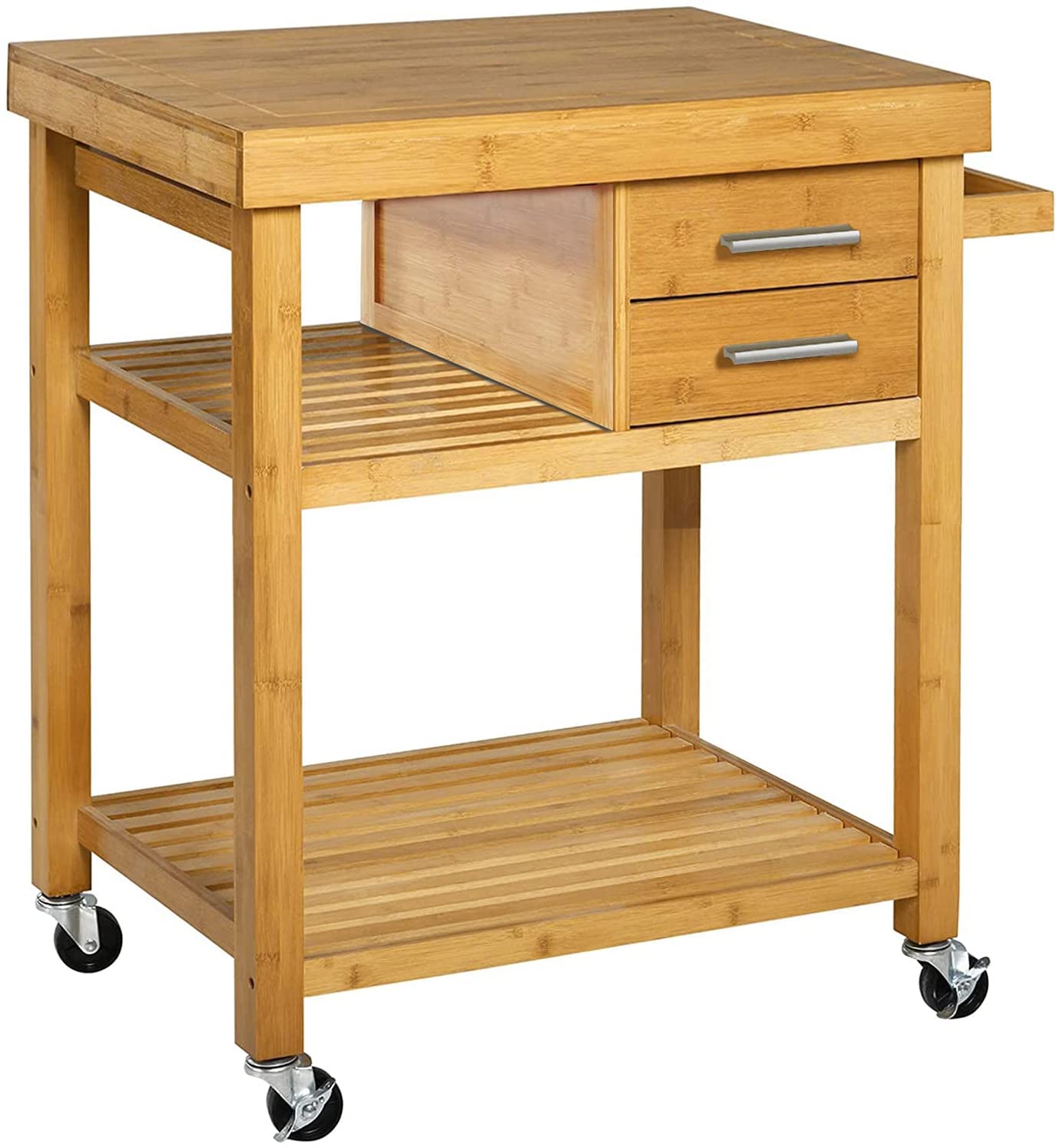 Bamboo Rolling 3 tiers shelf Kitchen Trolley Cart with Wire Storage Baskets Drawer