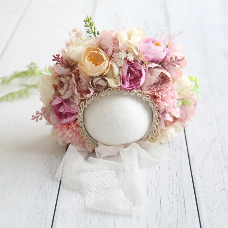 Vintage Newborn Floral Bonnet Baby Girl Hat For Photography Props Lovely Pink Baby Girl Flower Hat Handmade Baby Sitter Bonnet