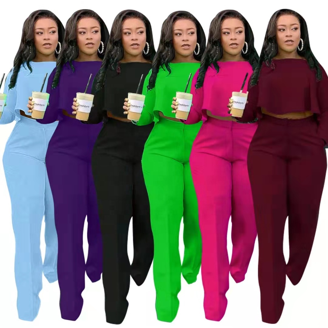 OLY Autumn And Winter New Fashion Back Pleated Solid Color Blouse Wide Leg 2 Two Piece Set For Women Office wear Cotton Set