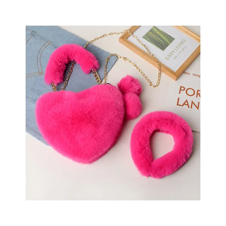 Professional production satchel artificial plush heart-shaped bag + hairpin