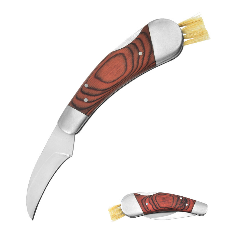 Professional Wood Handle Stainless Steel camping Cutting Fungus Truffle Mushtoom Knife with brush