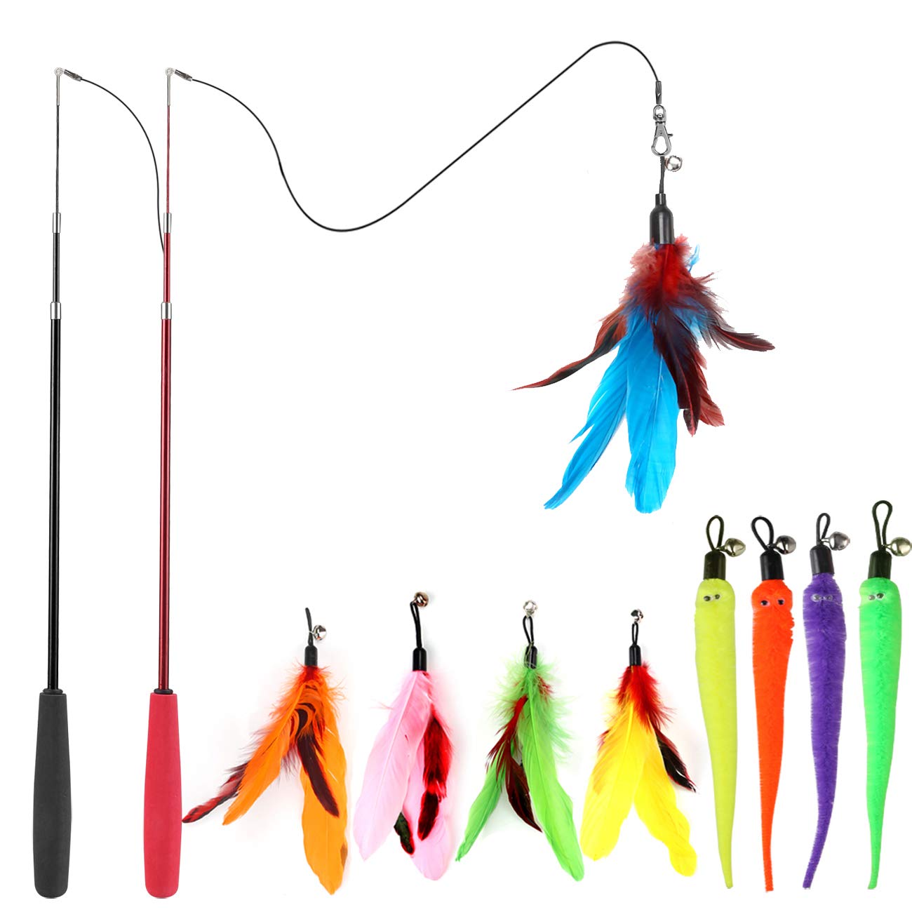 2 retractable Cat Stick toys and 9 worm feathers play exciting entertainment cat chase sport