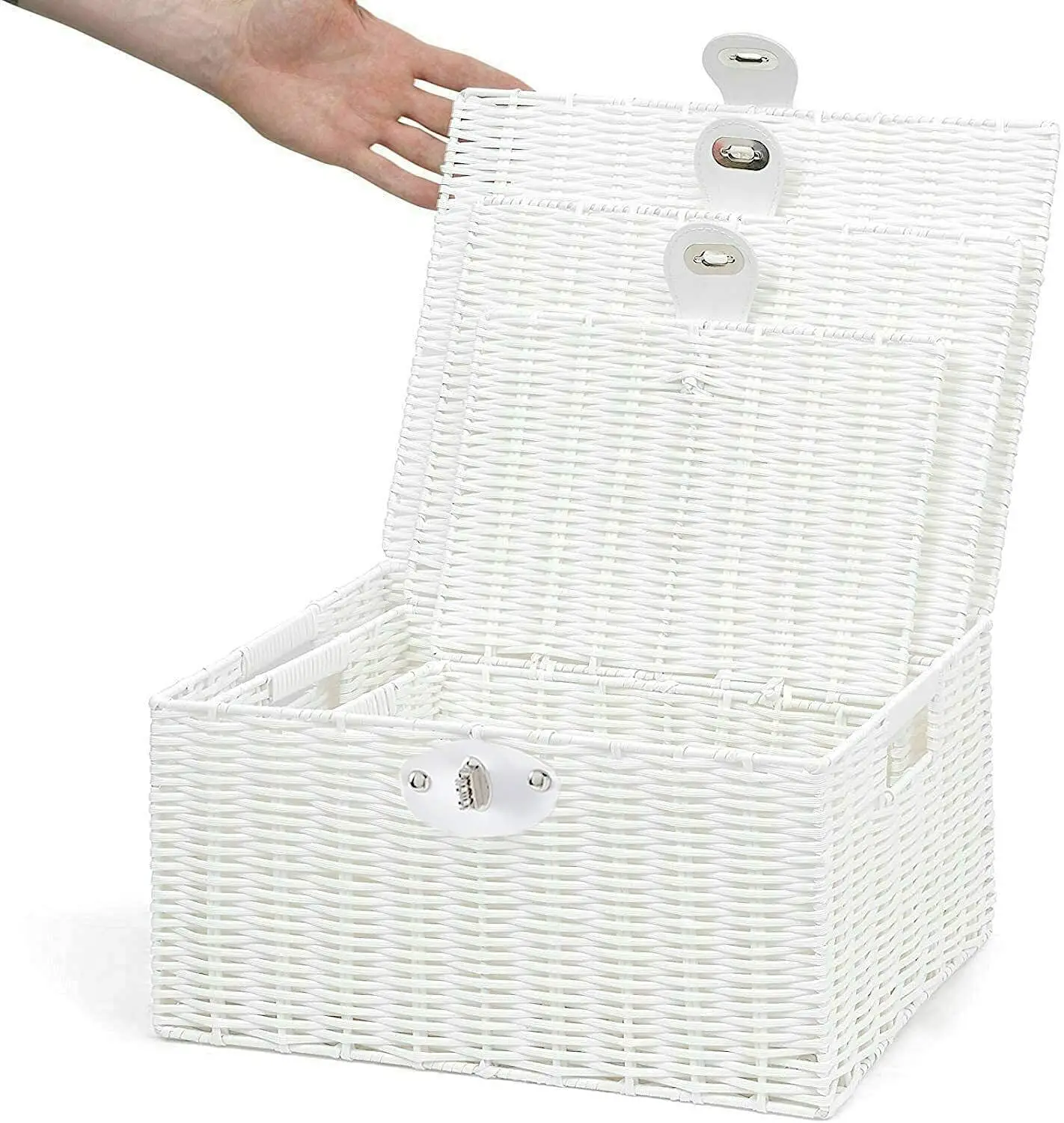 White Woven Storage Baskets - Decorative Nesting Boxes with Lids and Locks, Storage Box Hamper Organizer for Home