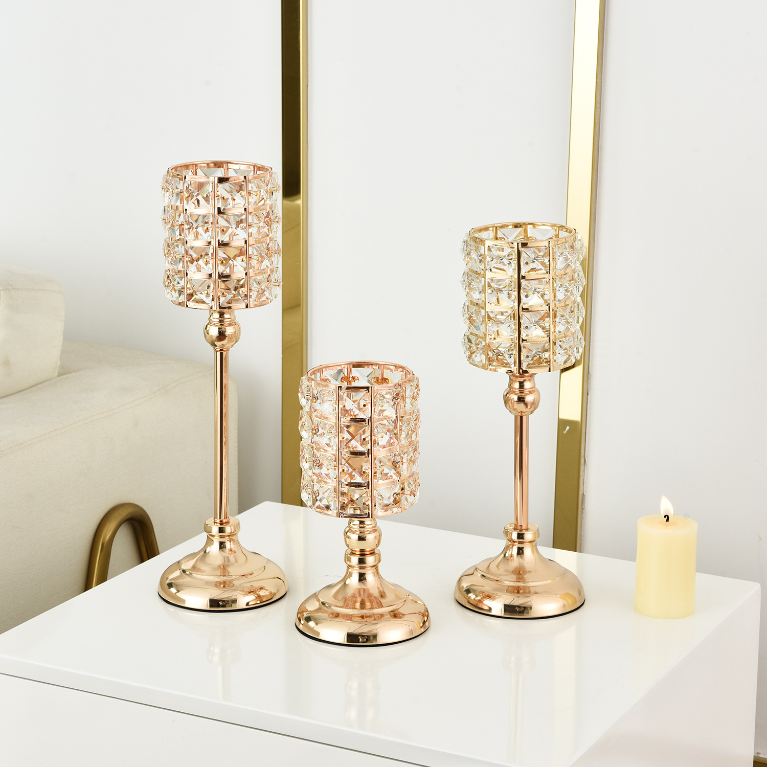 Modern Table Centerpieces Wedding Anniversary Pillar gold luxury Shiny Candlestick Glass Crystal Candle Holders