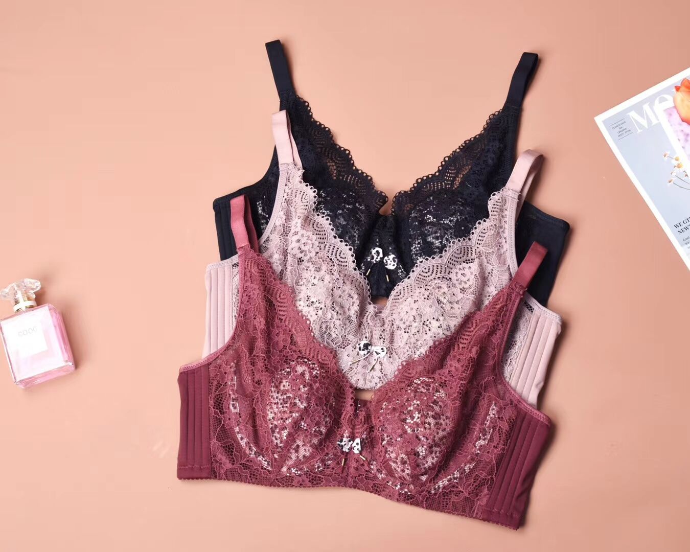 Crystal cup memory soft steel ring lace leopard bra underwear