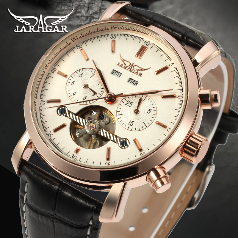 JARAGAR 540 Mechanical Automatic Watch Hours Date Week Leather Army Wristwatch New Design Geometric Case Sports Watches