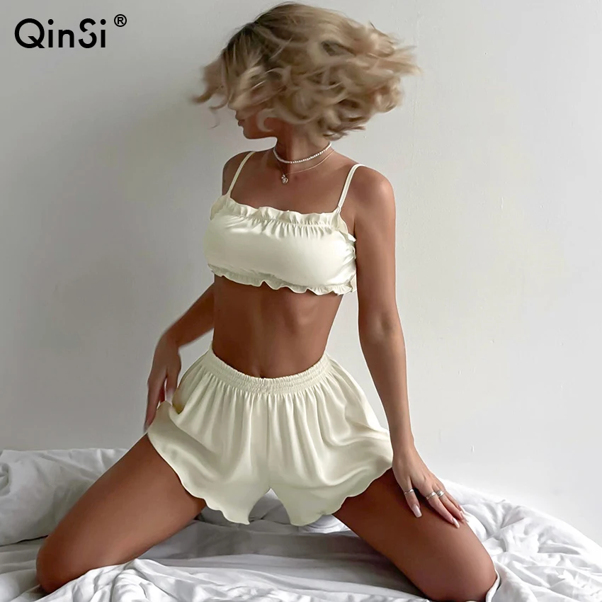 QINSI Spring Ruffle Spaghetti Strap Crop Top Solid Lingerie Women's Sleepwear With Shorts Sexy Silk Pajamas For Women Set