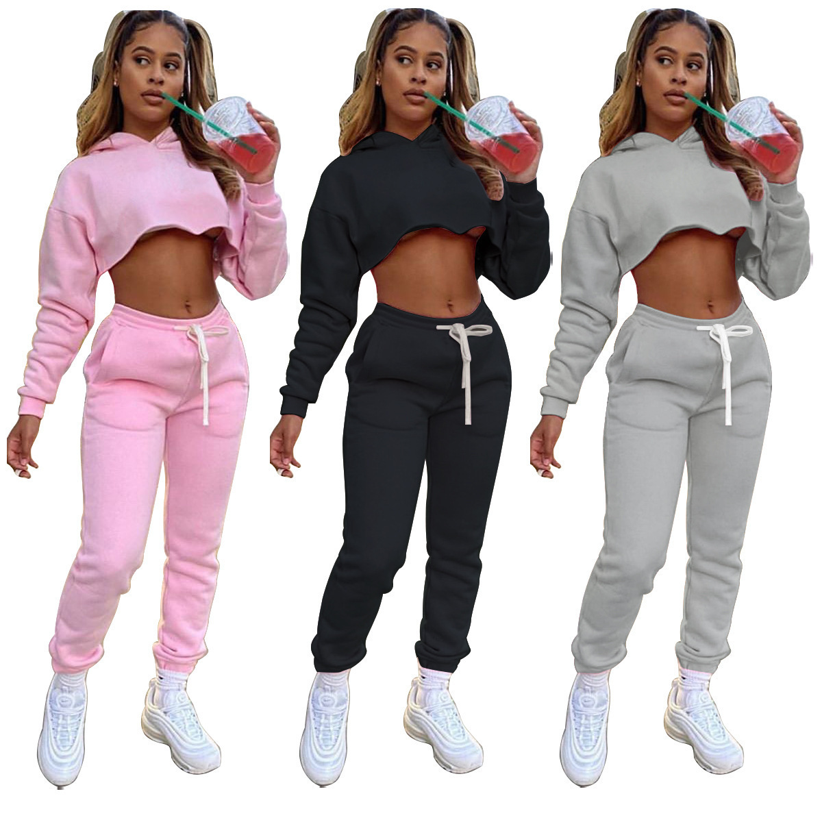 Строка Jogger наборный штаны кофты с капюшоном (худи) и толстовки с круглым вырезом из хлопка женские брюки для девочек комплект из 2 предметов топ из двух частей комплект со штанами тренировки женские штаны для бега