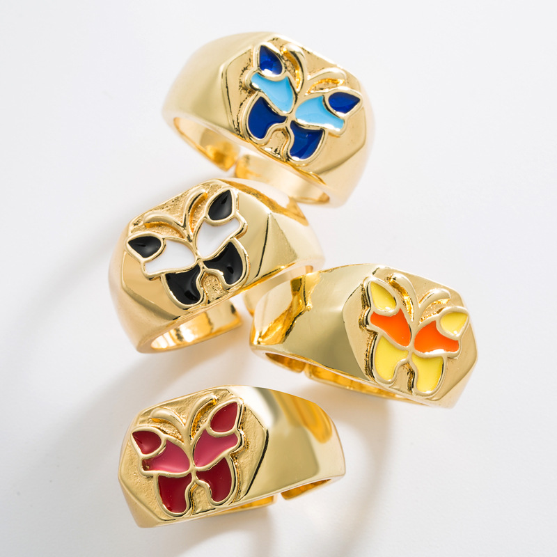 Latest 18K Gold Plated Colorful Enamel Butterfly Finger Ring Personalized Vintage Adjustable Women Ring Jewelry
