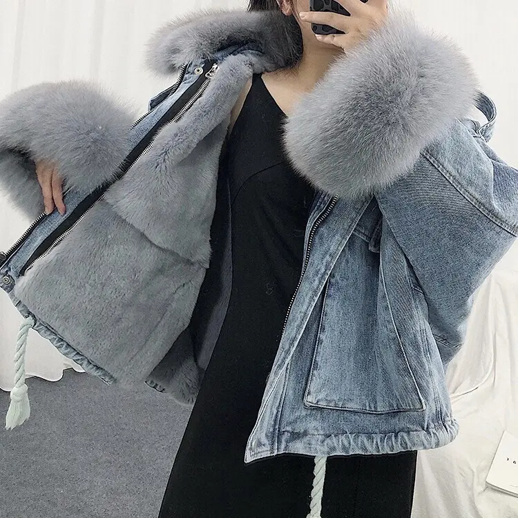 Wholesale high quality ladies winter denim coat women jean jacket with fur