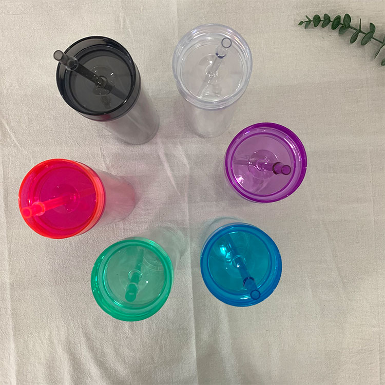 double wall Clear acrylic plastic cup 16oz skinny tall Straight slim Insulated Straw tumbler with Reusable straw