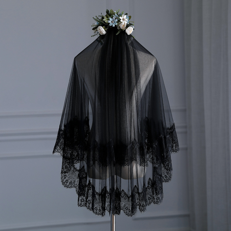 LUOXIN New Bride Black Halloween Headdress Lace Double Layered Wedding Veil with Comb