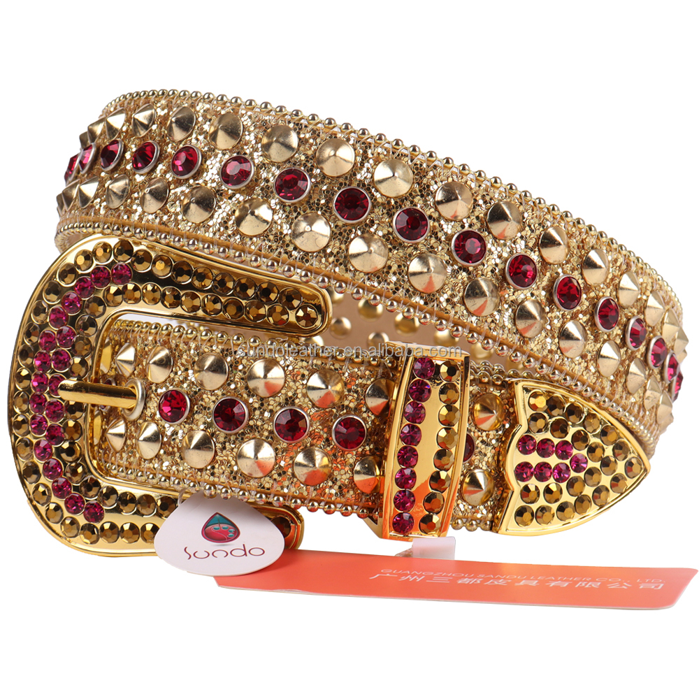 Shinny Spikes Punk Studs Belt Rhinestone Belts Gold for Rappers Wear with Studded Diamond
