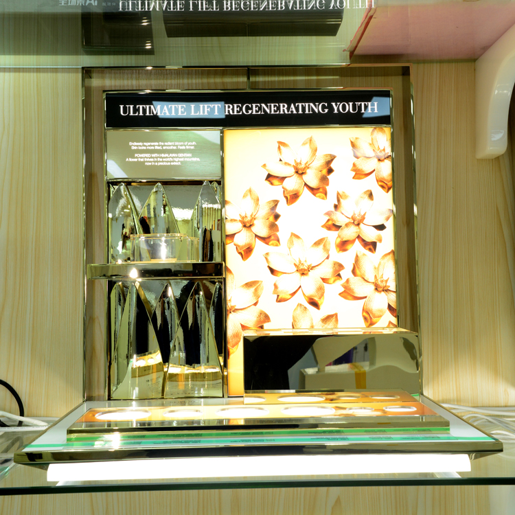 EXCEL OEM Top Quality Gold Gardenia Style Trade show Cosmetic Countertop Display with Led