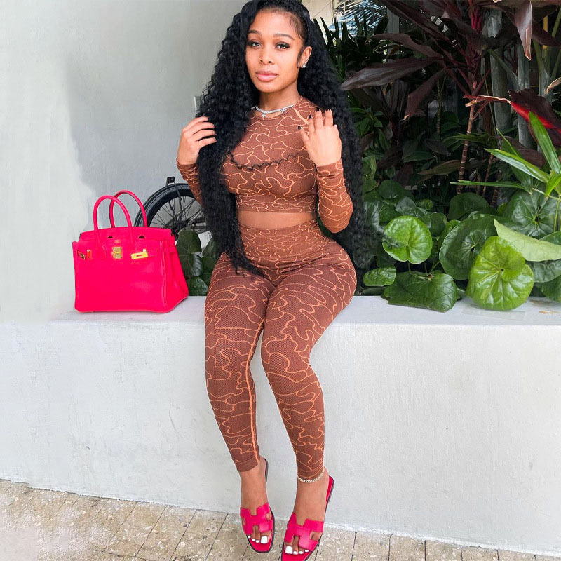 Z25 Fall 2021 Women Clothes New Arrivals Crop Top Pants Set 2 Piece Outfits Print Casual Long Sleeve Pants Set