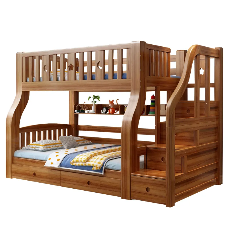 bunk wooden bed with slide and stairs for children