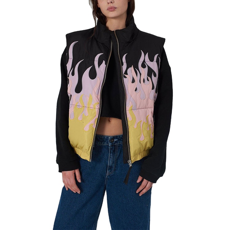 High Quality Polyester Zip-Up Front Embroidered Outline Flame Print Puff Gilet Women