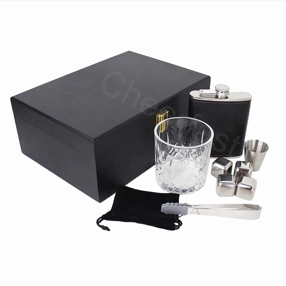 Hot Sale Stainless Steel Whiskey Stones Wooden Box Set And Man Gift Stainless Steel Hip Flask And Metal Travel Wine Pot