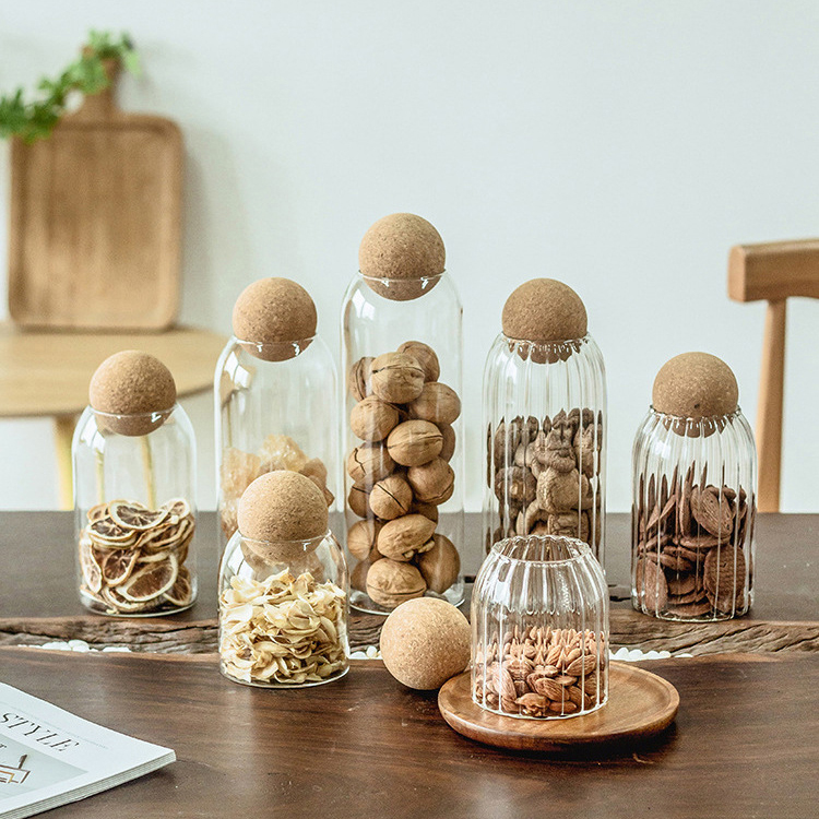 Wholesale home and Kitchen Borosilicate Glass Storage containers 4 Piece Suit Glass Spice Storage Jar Set With Cork Lid Ball