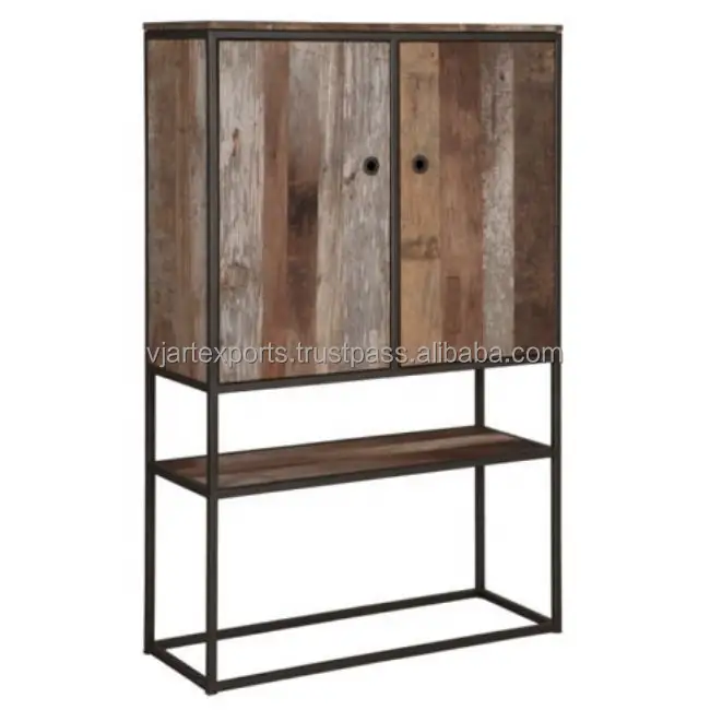 indian style industrial modern classic antique vintage iron frame wooden base sideboard with cabinet and display rack