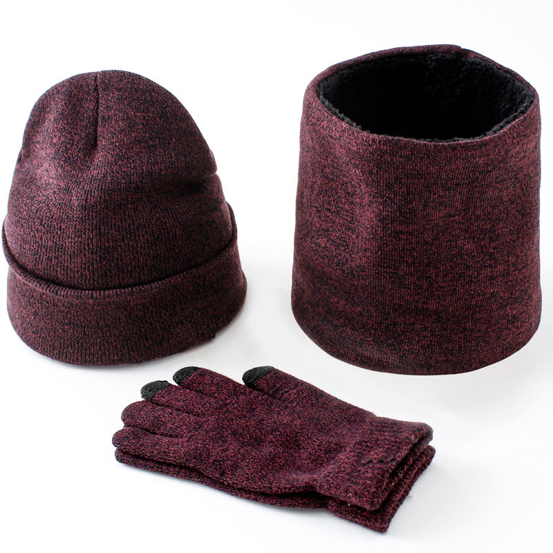 New European and American fashion knitted three-piece solid color warm hat scarf mitten set