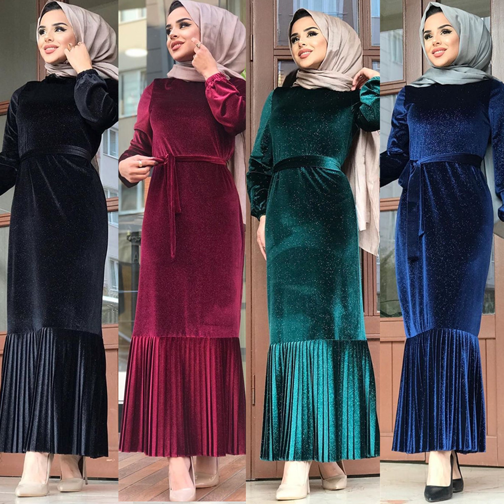 Abaya Spring Islamic Clothing Elegant Ladies Velvet Sexy Casual Long Sleeve One Piece Long Bodycon Fishtail Skirt Muslim Dress