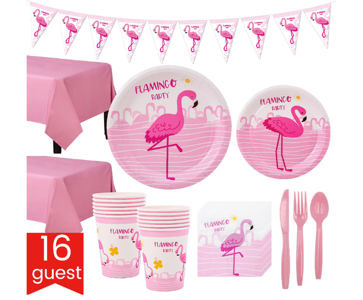 Customized Pink Flamingo Theme Baby Party Set Disposable Tableware Set Paper Plate Cup With Banner Party Decorations