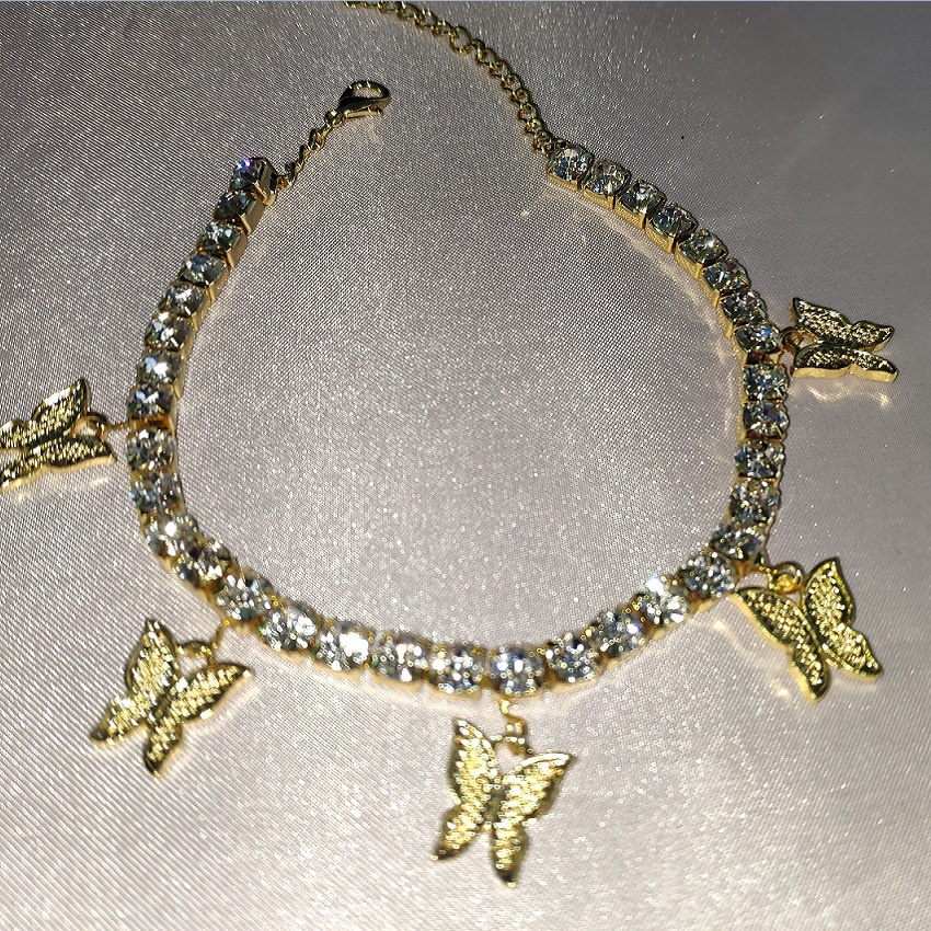 Wholesale butterfly anklets bracelet custom foot jewelry gold charm cuban anklets diamond butterfly anklet for women