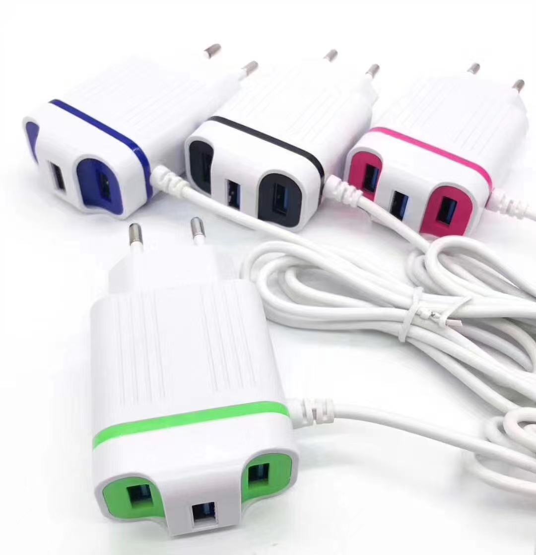 Popular smart mobile phone 2A charger LED indicator travel charging 3 usb home adapter with cable