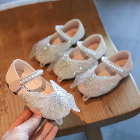 Baby Girl Princess Shoes BlingBling Rhinestone Butterfly Pearl Leather Shoes