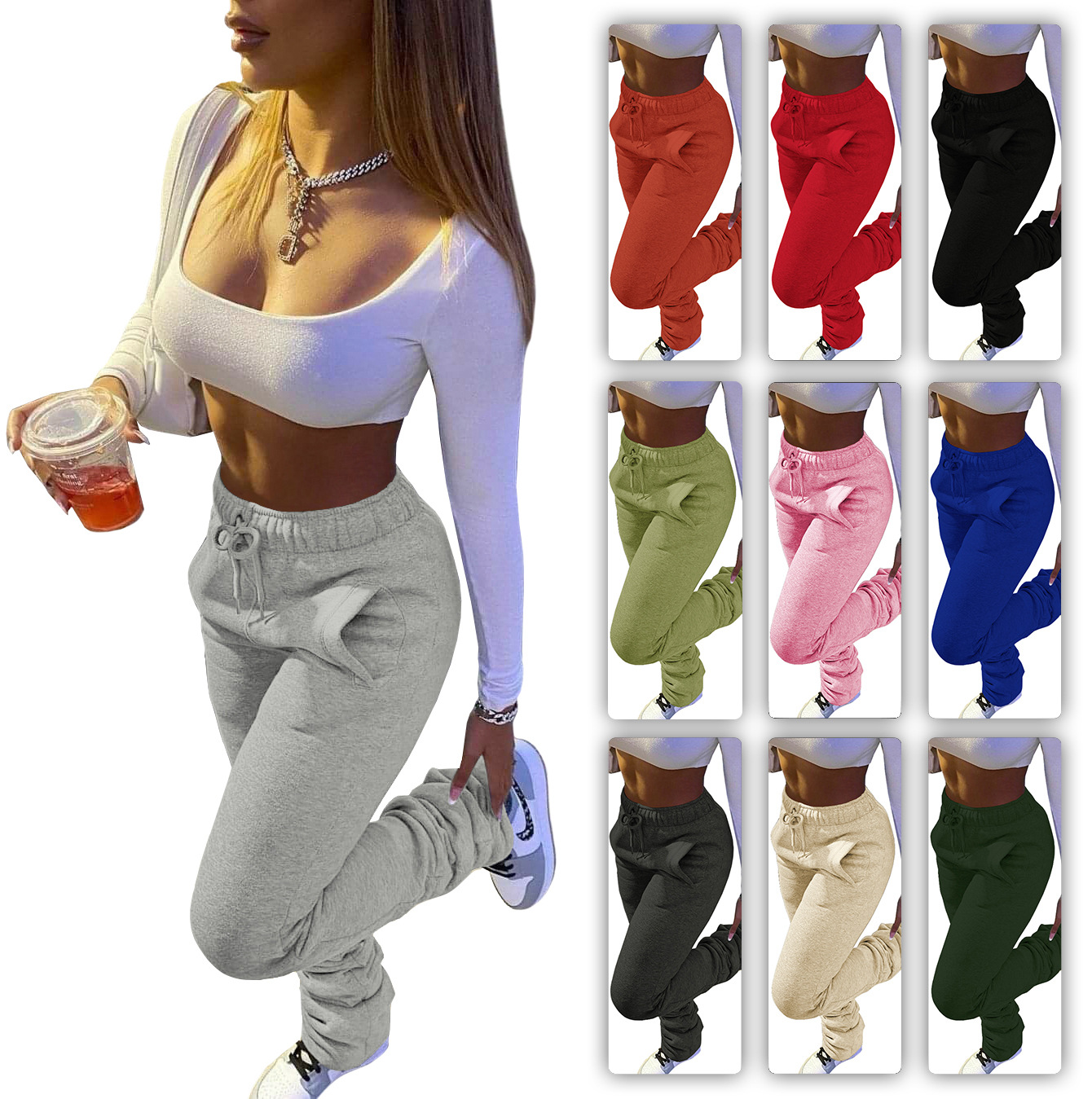 Top quality stacked pants fall and winter fashion joggers flared pants drawstring thick fleece stacked sweatpants for women