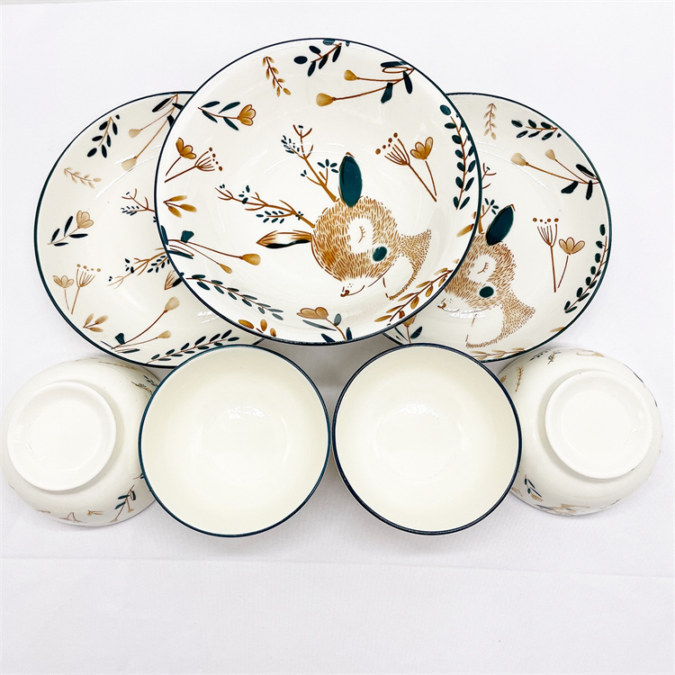 Manufacturers launch new products 7-piece ceramic bowl and plate set Fan Deer Pattern Ceramic Bowl Set Ceramic bowl