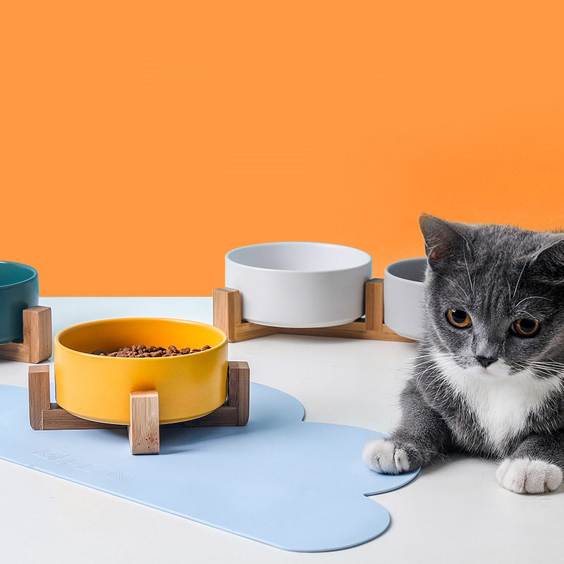 Wooden Frame Stand Custom Colorful Fashion Raised Cat Ceramic Pet Food Bowl for Dogs Cat