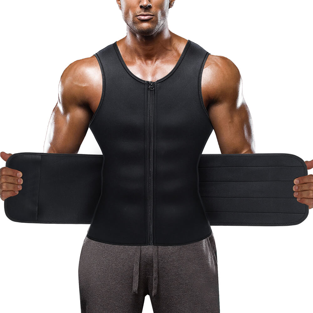 Men Workout Tank Tops Double Strap Waist Trainer Belt Neoprene Zipper Body Shaper Sauna Sweat Suits