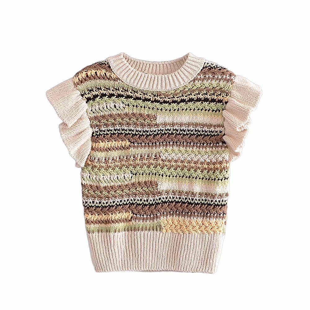Wholesale 2021 Autumn New Fresh and Fashionable O-neck Flying Sleeve Contrast Color Striped Pullover Women's Vest