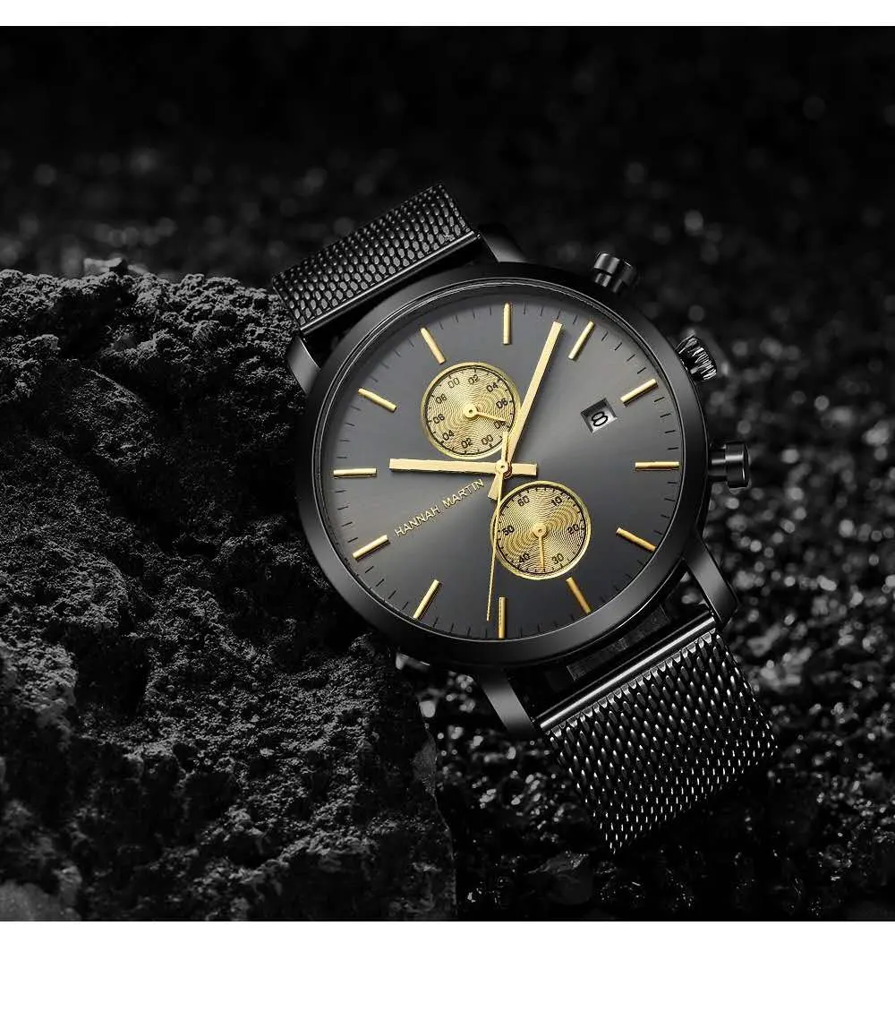 Blue Stainless Steel Mesh Band Watches Men Chronograph Sport Quartz Watches Luxury Date Men's Wrist Watch Relogio Masculino