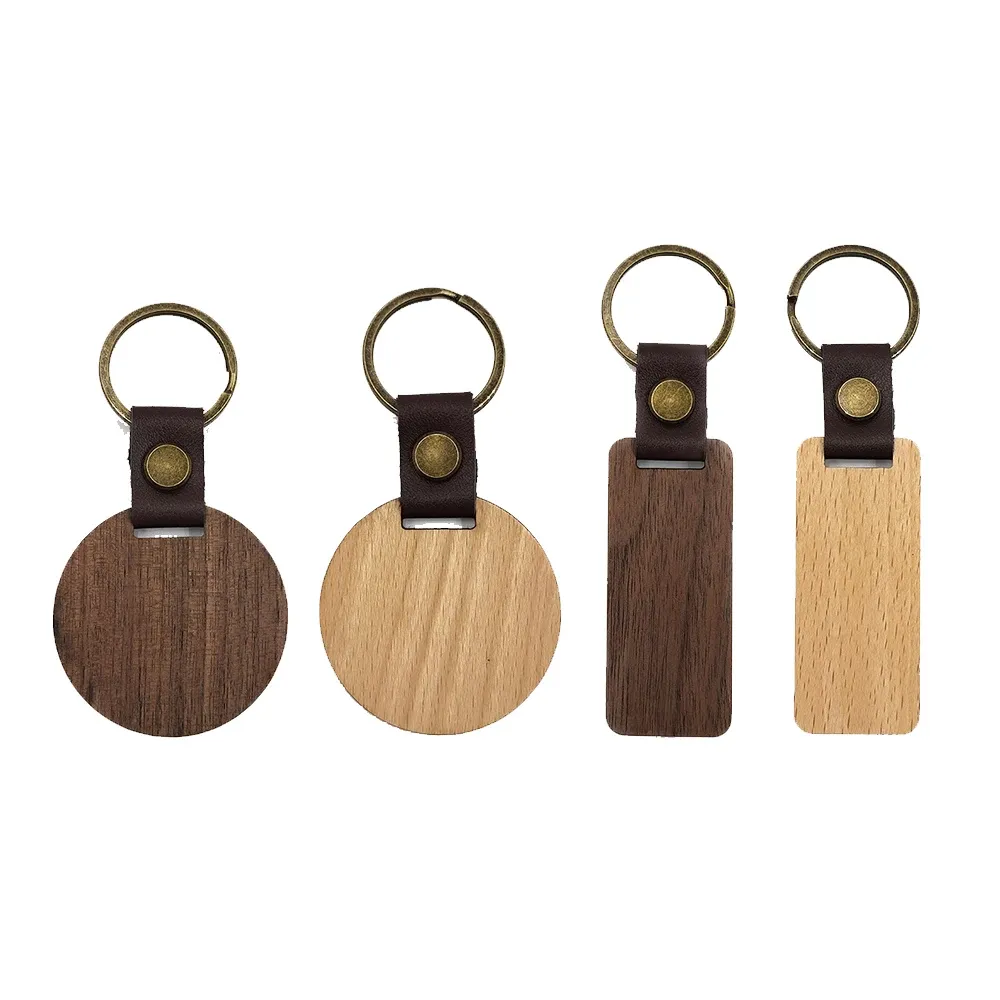 Leather Wood Keychain Blank Wooden Keychain Blanks with Leather Strap Unfinished Wooden Keychains for Laser Engraving