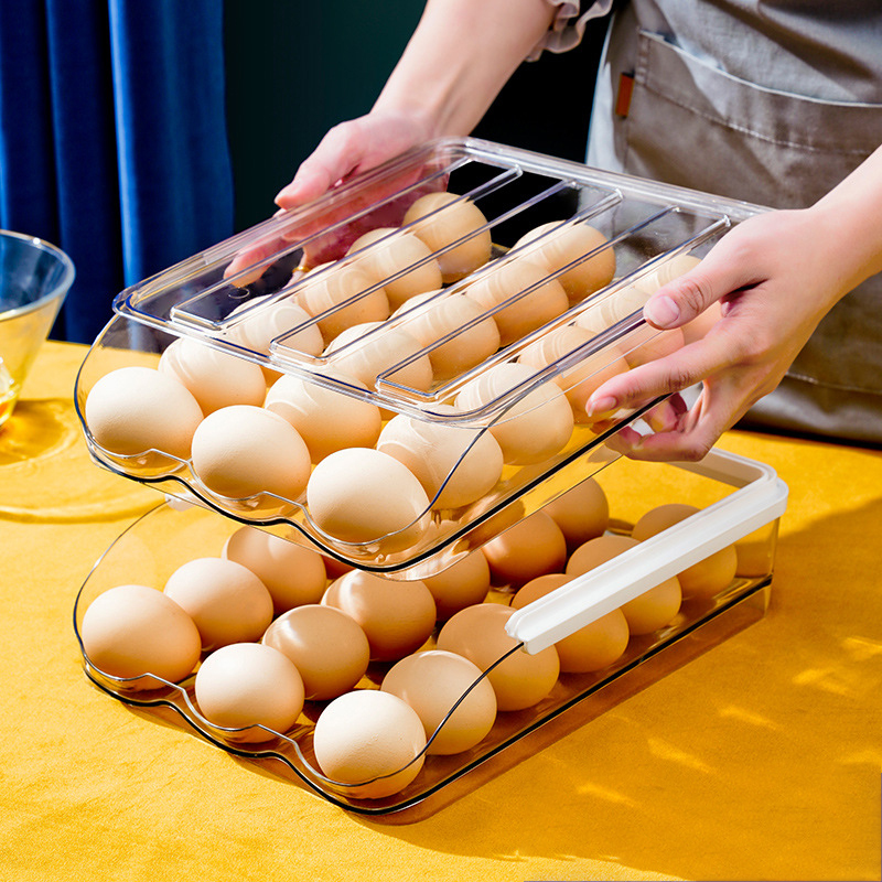 DS1893 Fridge Egg Storage Containers Transparent Drawer Container Automatic Slide Eggs Storage Box Automatic Rolling Egg Box