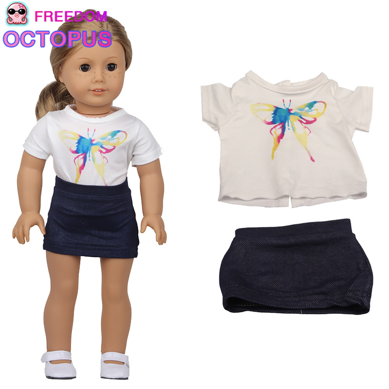 2022 Summer custom colorful butterfly printed white T shirt and short jean skirt clothes for 18 inch dolls