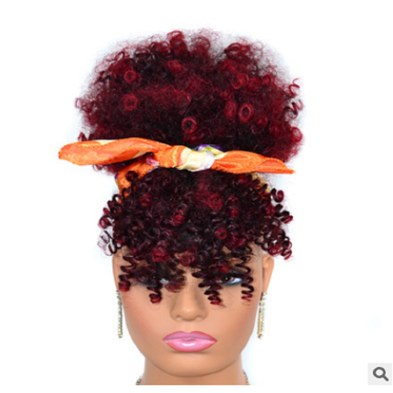 Wig Afro Puff Drawstring Ponytail Bun with Bangs Heat Resistant Synthetic Short Kinky Curly Ponytail Updo Hair Extensions