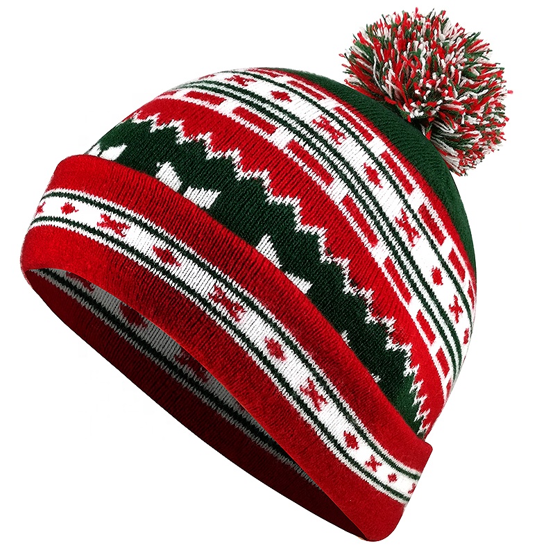 Jacquard Adult Winter Custom Knit Christmas Beanie with Pom Pom Santa Claus Slouchy Knitted Santa Beanie Hat