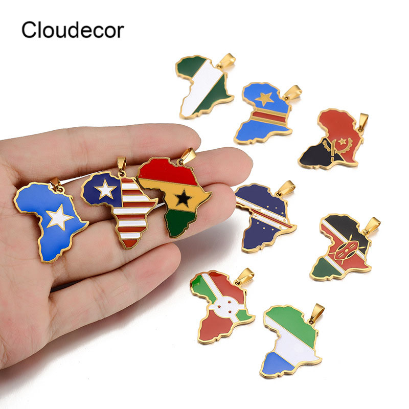 Enamel Pendant African Map Necklace Nigeria Ghana Kenya Congo Somalia Ghana Flag Stainless Link Chain Necklace Jewelry