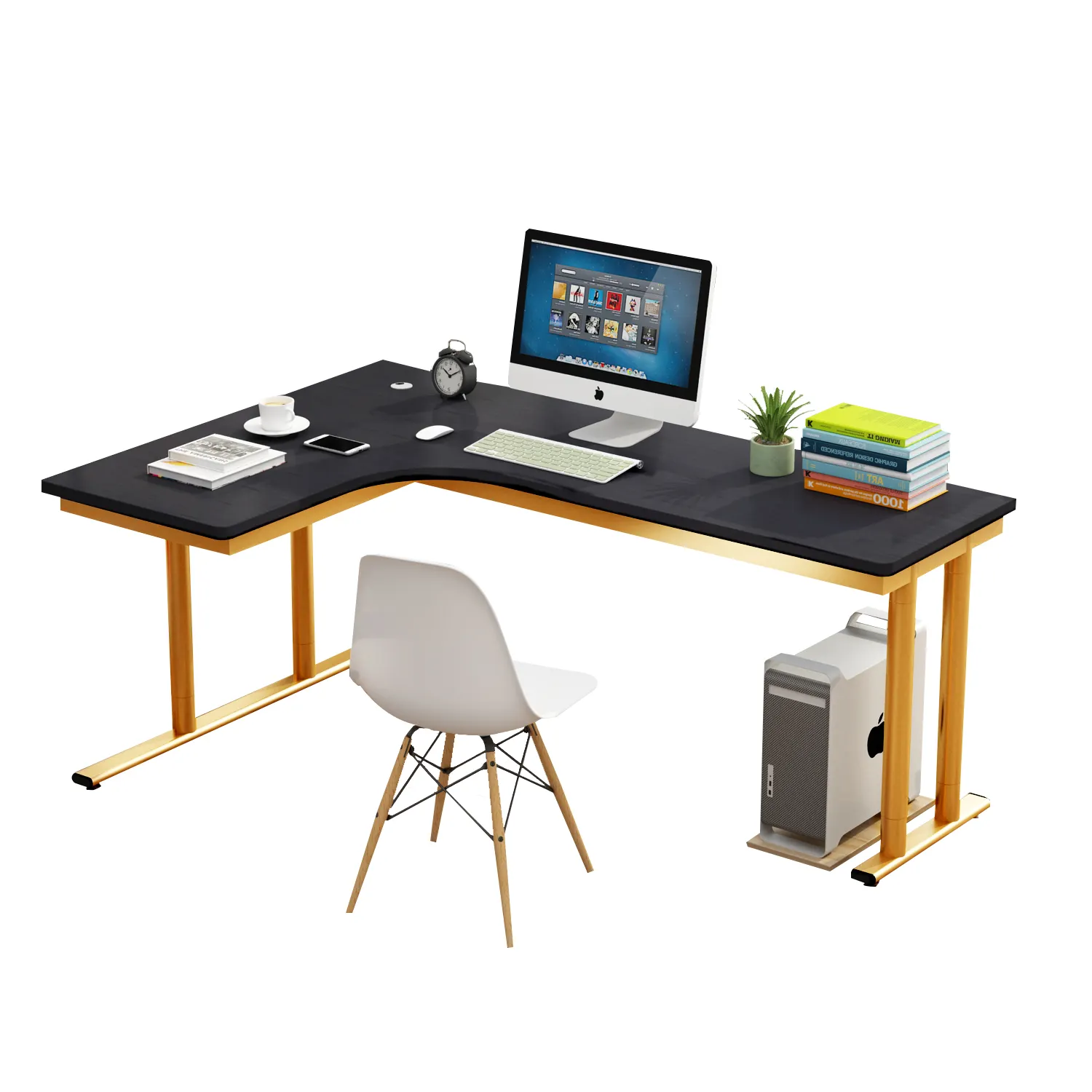 Custom Home Office L-shaped desktop computer desk metal frame corner table