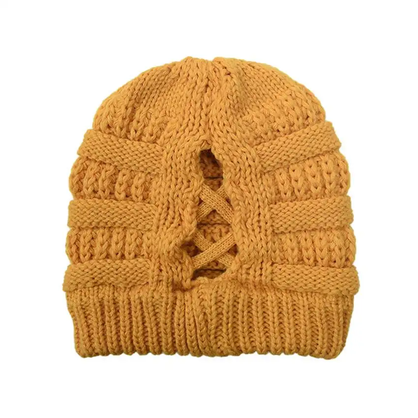 Z22 20 Colors Women Messy Bun Beanie Wool Knitted Cross Ponytail Beanie Warm Winter Hats