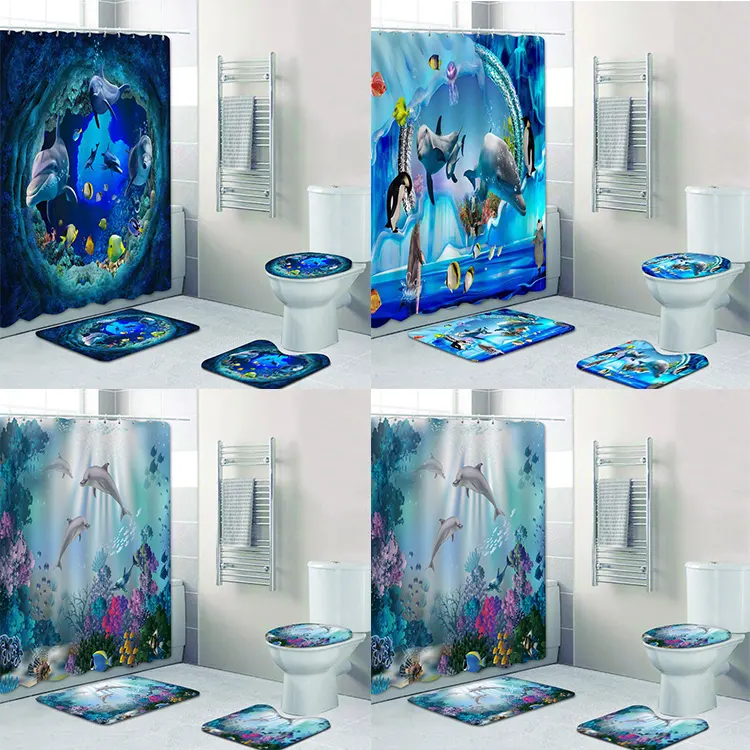 3D Printing Design Bathroom Washroom Ocean Dolphin Waterproof Shower Curtains Toilet Lid Cover Anti-Slip Rug Mat Set 4 pieces