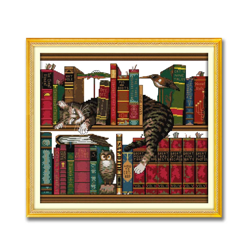 The Cat On The Bookshelf Modern Cross Stitch Embroidery Kit Handmade Diy Living Room Decor Animal Painting Thread Embroidery