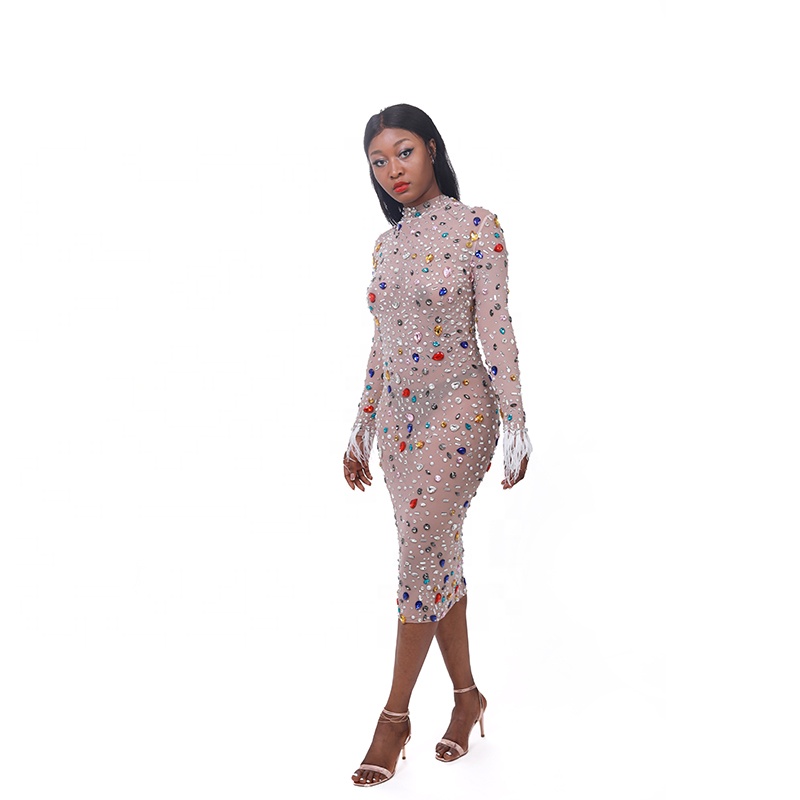 2021 colorful crystal dance performance leotard long sleeves Feather cuff elegant casual bodycon club sexy dress for party